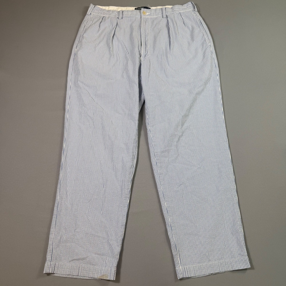 Vintage Polo Ralph Lauren Andrew Pant Mens 36x30 Blue Seersucker Double Pleated‎